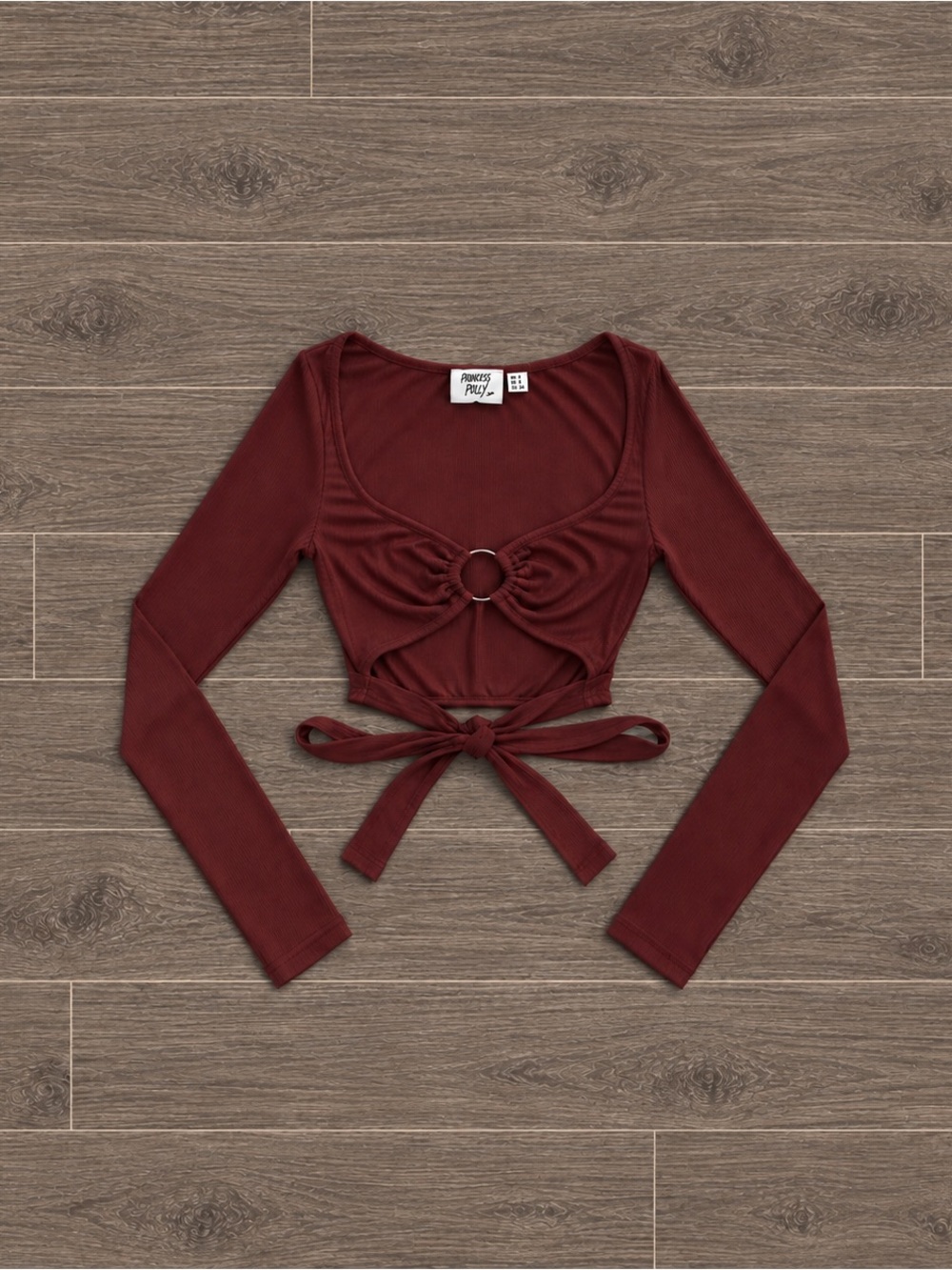 Princess Polly Burgundy Long Sleeve Wrap Crop Top